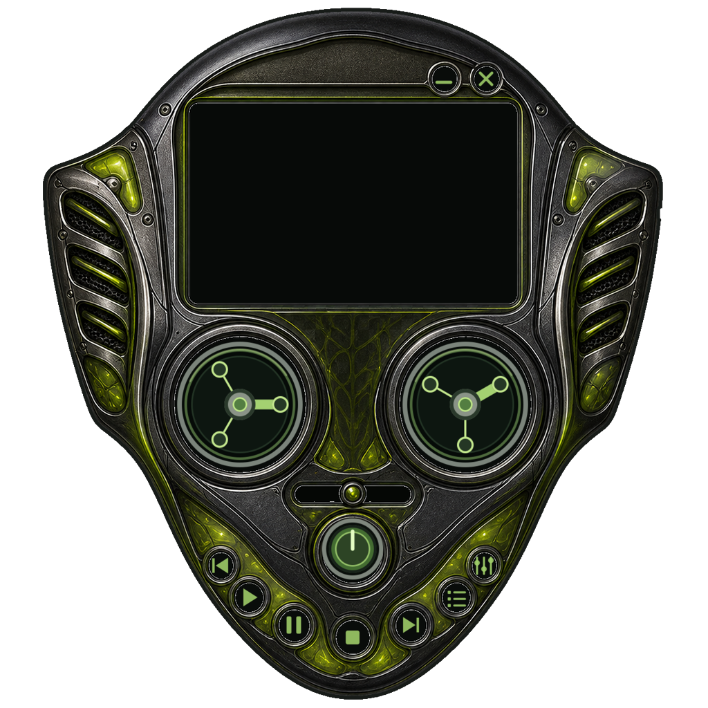 Alien graphite bio-mechanical music player with acid-lime reel eyes and tactile controls